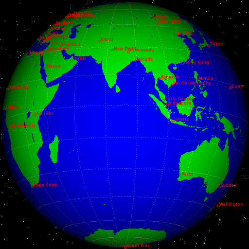 xearth
61.17 -150.00 "Anchorage"           # Alaska, USA
38.00   23.73 "Athens"              # Greece
33.4    44.4  "Baghdad"             # Iraq
13.73  100.50 "Bangkok"             # Thailand
39.92  116.43 "Beijing"             # China
52.53   13.42 "Berlin"              # Germany
32.3   -64.7  "Bermuda"             # Bermuda
42.33  -71.08 "Boston"              # Massachusetts, USA
-15.8   -47.9  "Brasilia"            # Brazil
-4.2    15.3  "Brazzaville"         # Congo
-34.67  -58.50 "Buenos Aires"        # Argentina
31.05   31.25 "Cairo"               # Egypt
22.5    88.3  "Calcutta"            # India
-33.93   18.47 "Cape Town"           # South Africa
33.6    -7.6  "Casablanca"          # Morocco (Rabat?)
41.83  -87.75 "Chicago"             # Illinois, USA
32.78  -96.80 "Dallas"              # Texas, USA
28.63   77.20 "New Delhi"           # India
39.75 -105.00 "Denver"              # Colorado, USA
24.23   55.28 "Dubai"               # UAE (Abu Dhabi?)
-27.1  -109.4  "Easter Island"       # Easter Island
-18.0   178.1  "Fiji"                # Fiji
13.5   144.8  "Guam"                # Guam
60.13   25.00 "Helsinki"            # Finland
22.2   114.1  "Hong Kong"           # Hong Kong
21.32 -157.83 "Honolulu"            # Hawaii, USA
52.2   104.3  "Irkutsk"             # Irkutsk, Russia
41.0    29.0  "Istanbul"            # Turkey (Ankara?)
-6.13  106.75 "Jakarta"             # Indonesia
31.8    35.2  "Jerusalem"           # Israel
34.5    69.2  "Kabul"               # Afghanistan
27.7    85.3  "Kathmandu"           # Nepal
50.4    30.5  "Kiev"                # Ukraine
3.13  101.70 "Kuala Lumpur"        # Malaysia
6.45    3.47 "Lagos"               # Nigeria
-12.10  -77.05 "Lima"                # Peru
51.50   -0.17 "London"              # United Kingdom
40.42   -3.72 "Madrid"              # Spain
14.6   121.0  "Manila"              # The Phillipines
21.5    39.8  "Mecca"               # Saudi Arabia
19.4   -99.1  "Mexico City"         # Mexico
25.8   -80.2  "Miami"               # Florida, USA
6.2   -10.8  "Monrovia"            # Liberia
45.5   -73.5  "Montreal"            # Quebec, Canada
55.75   37.70 "Moscow"              # Russia
-1.28   36.83 "Nairobi"             # Kenya
59.93   10.75 "Oslo"                # Norway
48.87    2.33 "Paris"               # France
-32.0   115.9  "Perth"               # Australia
45.5  -122.5  "Portland"            # Oregon, USA
-0.2   -78.5  "Quito"               # Ecuador
64.15  -21.97 "Reykjavik"           # Iceland
-22.88  -43.28 "Rio de Janeiro"      # Brazil
41.88   12.50 "Rome"                # Italy
11.0   106.7  "Ho Chi Minh City"    # Vietnam (Hanoi?)
37.75 -122.45 "San Francisco"       # California, USA
9.98  -84.07 "San Jose"            # Costa Rica
18.5   -66.1  "San Juan"            # Puerto Rico
-33.5   -70.7  "Santiago"            # Chile
1.2   103.9  "Singapore"           # Singapore
42.67   23.30 "Sofia"               # Bulgaria
59.33   18.08 "Stockholm"           # Sweden
-33.92  151.17 "Sydney"              # Australia
-17.6  -149.5  "Tahiti"              # Tahiti
16.8    -3.0  "Timbuktu"            # Mali (Bamako?)
35.67  139.75 "Tokyo"               # Japan
43.70  -79.42 "Toronto"             # Ontario, Canada
32.9    13.2  "Tripoli"             # Libya
47.9   106.9  "Ulan Bator"          # Mongolia
49.22 -123.10 "Vancouver"           # B.C., Canada
48.22   16.37 "Vienna"              # Austria
38.9   -77.0  "Washington"          # United States
-41.28  174.78 "Wellington"          # New Zealand
62.5  -114.3  "Yellowknife"         # N.T., Canada
90.00    0.00 "North Pole"          # North Pole
-90.00    0.00 "South Pole"          # South Pole